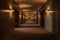Dimly-lit Interior long hotel corridor. Generate Ai