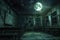 A dimly lit room with a sinister atmosphere, featuring a full moon casting an unsettling glow through the window, A vacant,