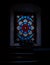 Dimly lit stained glass window of a church