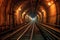 dimly lit subway tunnel with curved tracks