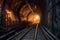 dimly lit subway tunnel with curved tracks
