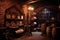 dimly lit wine cellar with wooden barrels and brick walls