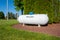 Dimondale MI - June 4, 2022: Large Ferrellgas white propane storage tank