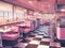A diner with a checkered floor and pink booths. Generative AI image.