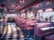 A diner with pink booths and black and white checkered floor. AI generative image.