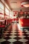 A diner with red chairs and a checkered floor.