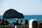 Diners enjoying lunch at an ocean view restaurant at Trebarwith Stand in Cornwall, England