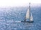 Dinghy sailing on silvery sea