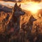 Dingo family standing in front of the camera in the rocky plains with setting sun.