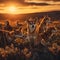 Dingo family standing in front of the camera in the rocky plains with setting sun.