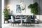 A dining area with a contemporary, comfortable interior design background