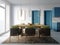 The dining area features wicker chairs and a wooden table in a trendy contemporary style with white walls and blue doors