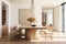 A dining area featuring a minimalist wooden table, modern dining chairs, and a statement pendant light.