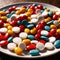 Dining plate filled with pills, indicating diet of good nutrition like medicine