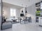 Dining room with dining table and sitting area with sofa in a modern white loft style kitchen