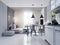 Dining room with dining table and sitting area with sofa in a modern white loft style kitchen