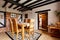 Dining Room with exposed beams in Traditional British home