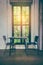 Dining room interior. Loft-style window, cement walls and wooden