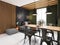 Dining room with an iron table and chairs, industrial style and a kitchen with dark green walls