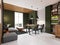 Dining room with an iron table and chairs, industrial style and a kitchen with dark green walls