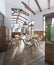 Dining room with large dining table and high ceilings in the loft.