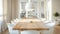 A dining room with a long wooden table modern white chairs and a simple pendant light creating an inviting and chic