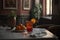 dining room in restaurant with table and glass of bright negroni cocktail