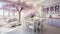 a dining room with a tree in the middle of the room Mediterranean interior Dining Area with Lavender
