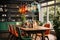 Dining room in trendy style. Modern and vintage furniture accompany each other, colorful dishes and rustic chic -