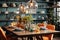 Dining room in trendy style. Modern and vintage furniture accompany each other, colorful dishes and rustic chic -