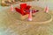 Dining table on beach at tropical Maldives island