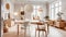 Dining table and chairs in cozy bright room. Scandinavian style home interior design of modern dining room. Created with