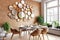 Dining table and chairs near terra cotta brick wall. Eclectic or bohemian style interior design of modern dining room. Created