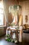 Dining table with classic chairs, flower chandelier, fruits and succulents in loft space with flowers