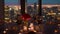 Dining Table Overlooking Nighttime Cityscape, An intimate, candlelit dinner setting with a panoramic view of a city skyline at