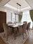 Dining table for six with soft brown chairs and a wooden server table and glass pendant light