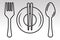 Dining vector line art icon with plate, chopsticks, fork and knife on a transparent background