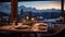 Dinner or breakfast in a restaurant with panoramic windows in an ecological chalet hotel in an Alpine ski resort
