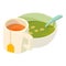 Dinner icon isometric vector. Spinach cream soup with crouton and cup of hot tea