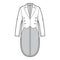 Dinner jacket tuxedo technical fashion illustration with double breasted, long sleeves, peaked collar, low high hem.