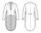 Dinner jacket tuxedo technical fashion illustration with double breasted, long sleeves, peaked collar, low high hem.