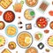 Dinner, lunch and fast food seamless pattern, vector illustration. Junk food and healthy dinner background. Soups, pizza