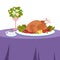 Dinner on a table covered with a tablecloth. Baked chicken with vegetables and tomato sauce. Vector illustration.