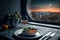 Dinner: a table for one by the window overlooking the space colony.