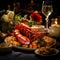 A dinner table serve with a lobster and a glass of wine