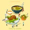 Dinner time food cafe restaurant meal flat 3d isometric vector