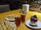 Dinner of turkish traditional vegetable tortillas and black tea with dessert cake