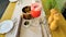 Dinner wooden table with summer rhubarb drink