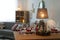 Dinnerware and Christmas wreath on table indoors