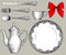 Dinnerware, cutlery and red bow in old style